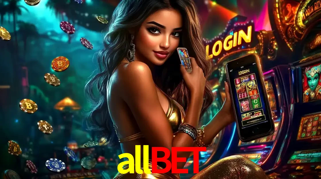 Mulher em um cenário de cassino temático de aventura, mostrando o app de caça-níqueis da allbet no celular. Fichas de apostas flutuam ao redor.