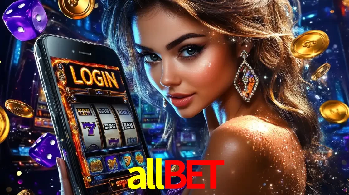 Mulher glamorosa segurando um smartphone com a tela de login para os jogos de caça-níqueis do cassino online allbet, com moedas de ouro e dados ao redor.