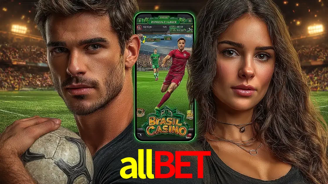 Homem segurando uma bola de futebol e uma mulher ao lado de um smartphone exibindo o jogo de apostas esportivas da allbet. Faça seu palpite no cassino online.